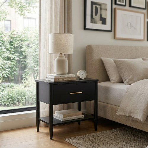 Lex Bedside Nightstand | 1 Drawer and Fixed Open Shelf | Black