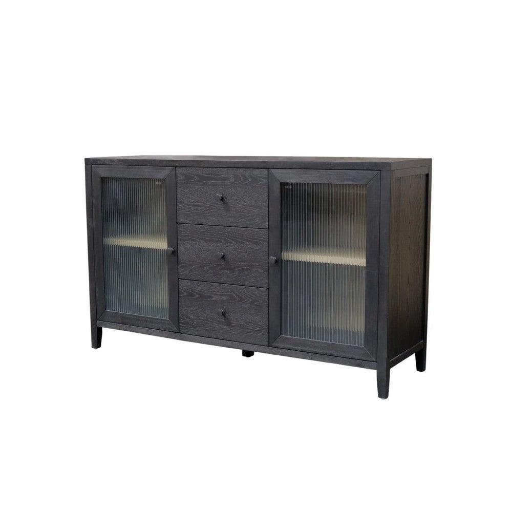 Asim Sideboard Cabinet | 2 Fluted Glass Doors | 3 Drawers | Black 60"