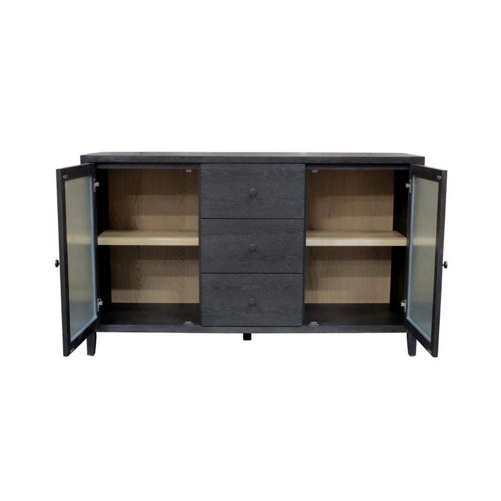 Asim Sideboard Cabinet | 2 Fluted Glass Doors | 3 Drawers | Black 60"