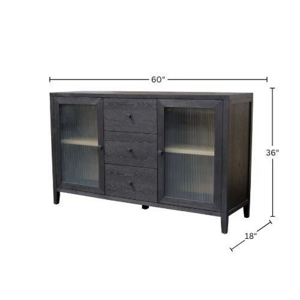 Asim Sideboard Cabinet | 2 Fluted Glass Doors | 3 Drawers | Black 60"
