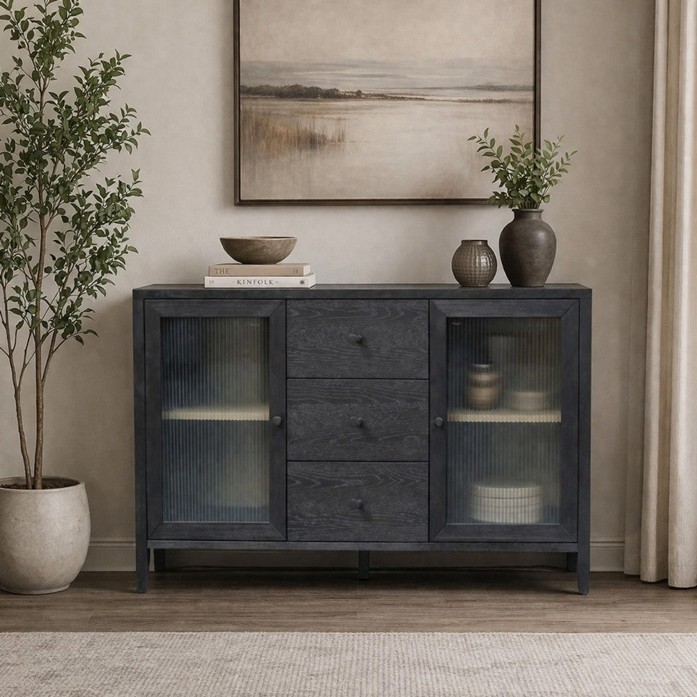 Asim Sideboard Cabinet | 2 Fluted Glass Doors | 3 Drawers | Black 60"