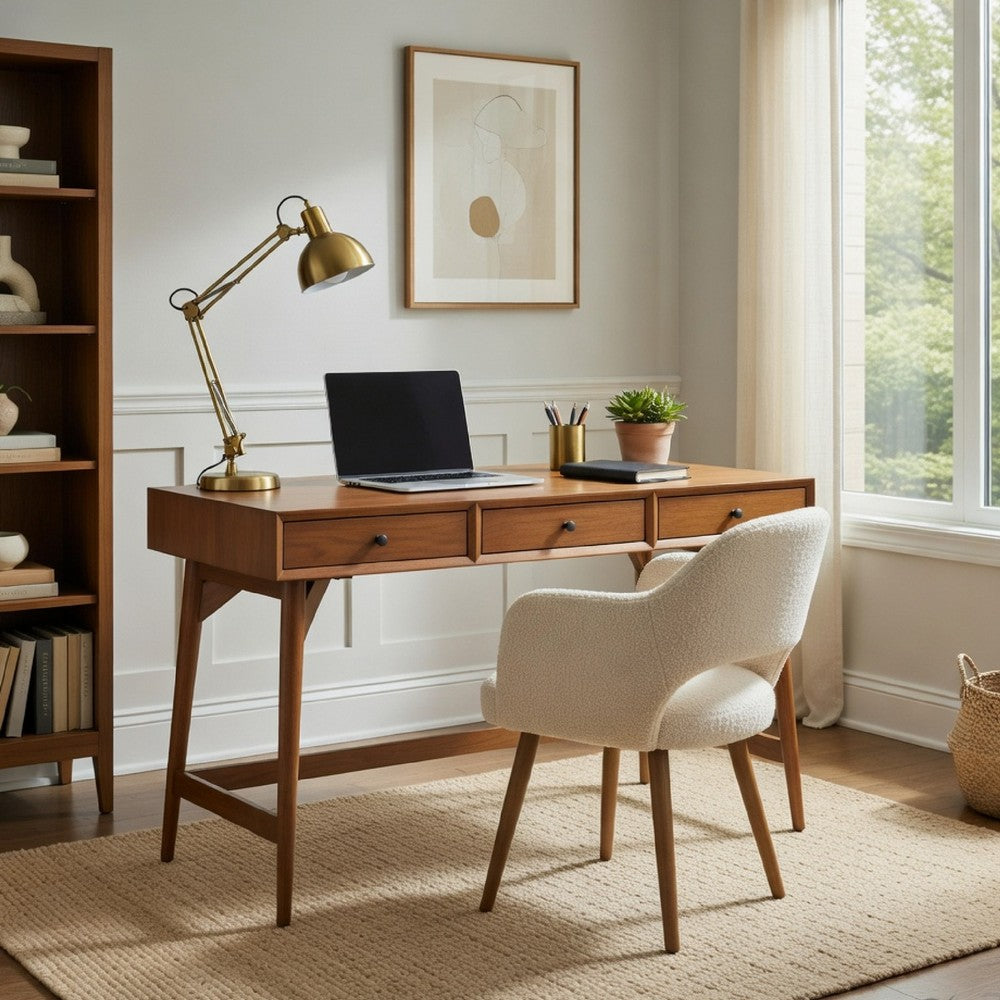 Ian Large Office Desk | 3 Felt Lined Drawers | Chestnut Brown Wood 52"