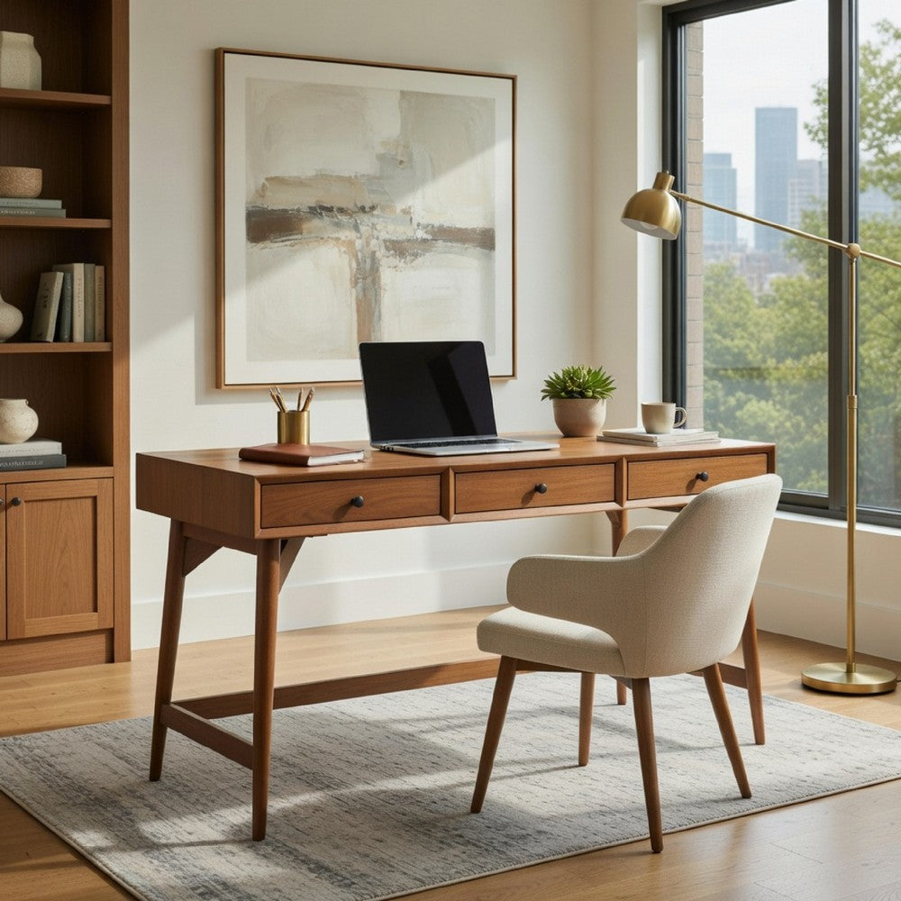 Ian Large Office Desk | 3 Felt Lined Drawers | Chestnut Brown Wood 52"