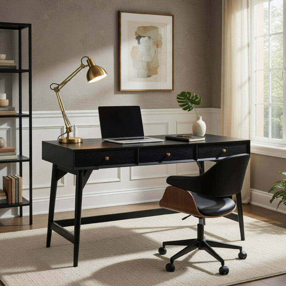 Ian Large Office Desk | 3 Felt Lined Drawers | Modern Brown Wood 52"
