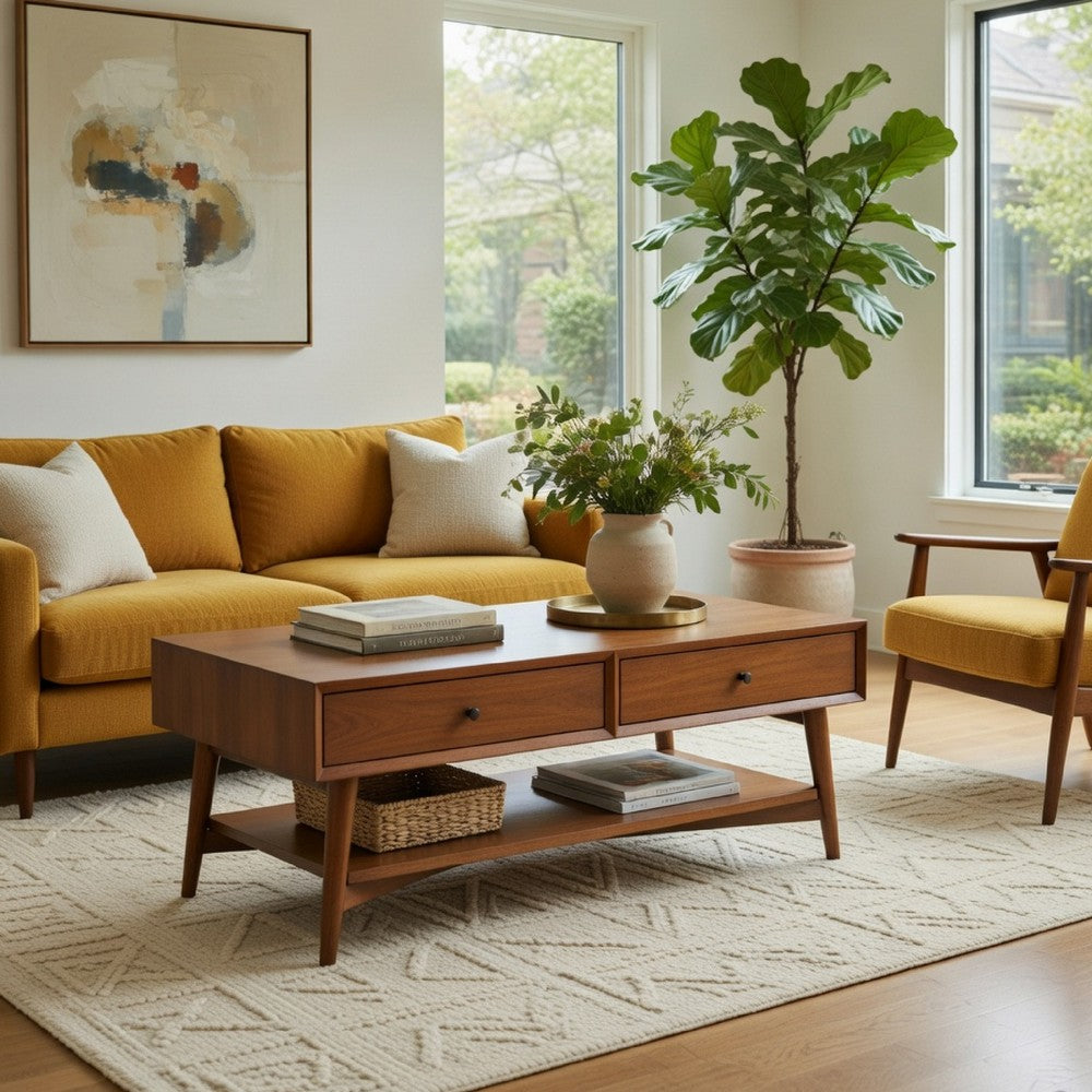 Ian Coffee Table | 2 Drawers and Shelf | Chestnut Brown 48" Rectangular