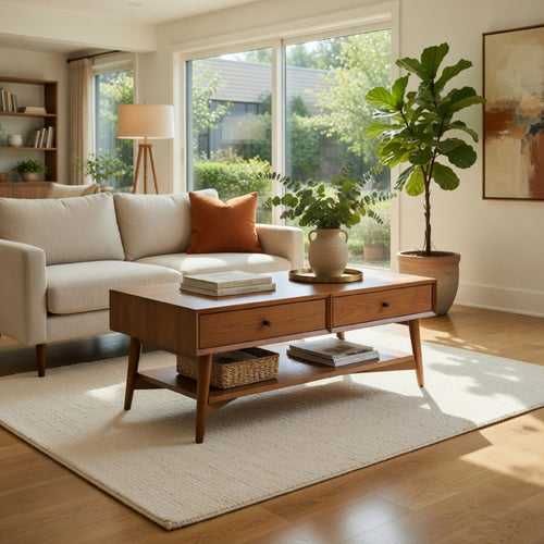 Ian Coffee Table | 2 Drawers and Shelf | Chestnut Brown 48" Rectangular