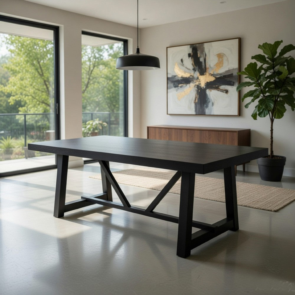 Hela Dining Table | Trestle Base | Japandi Black Wood 84" Rectangular