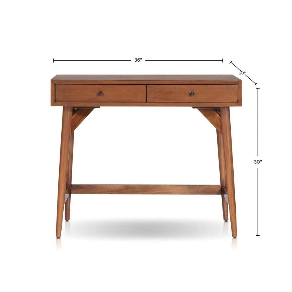 Ian Mini Office Desk | 2 Felt Lined Drawers | Chestnut Brown Wood 36"