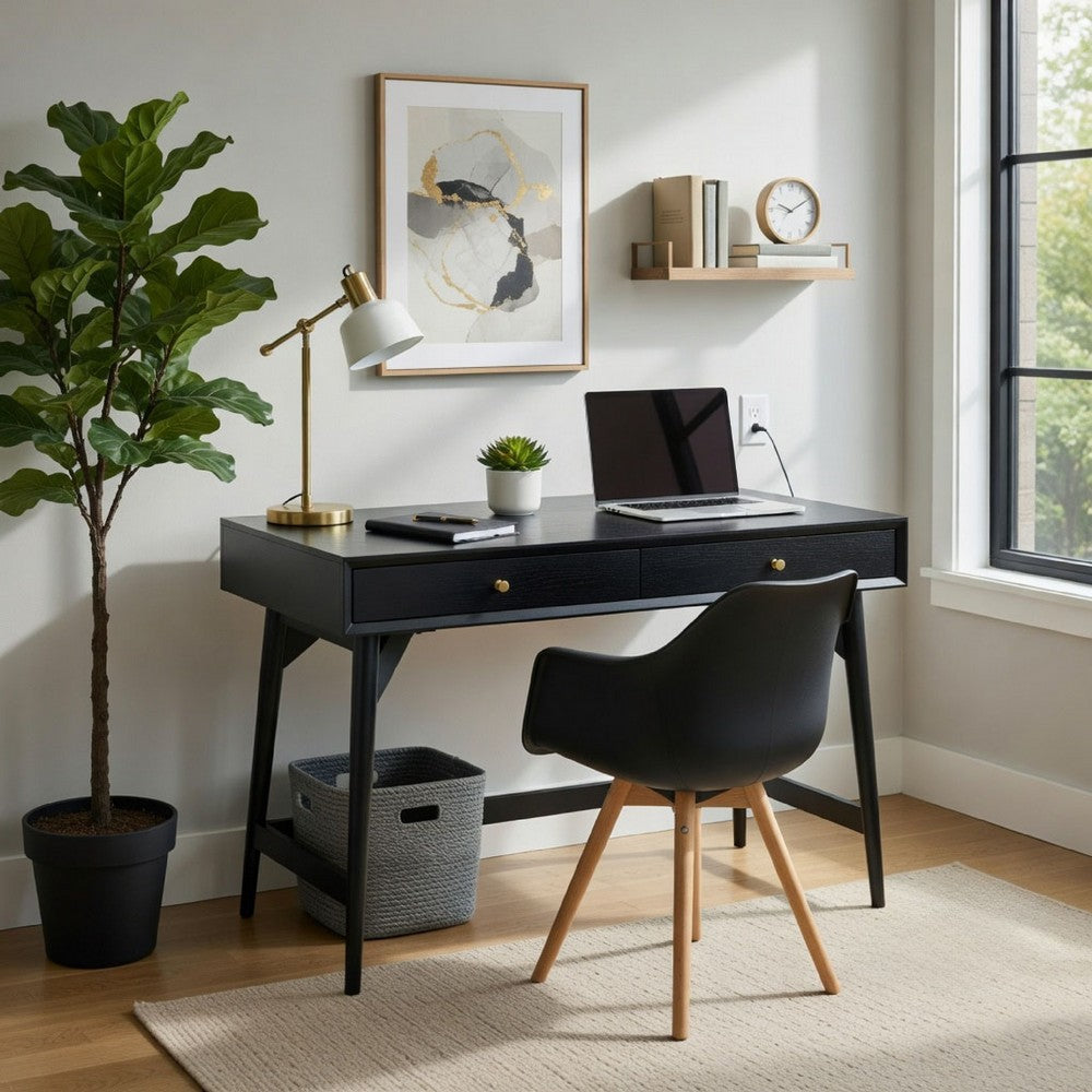 Ian Large Office Desk | 2 Felt Lined Drawers | Modern Black Wood 36"