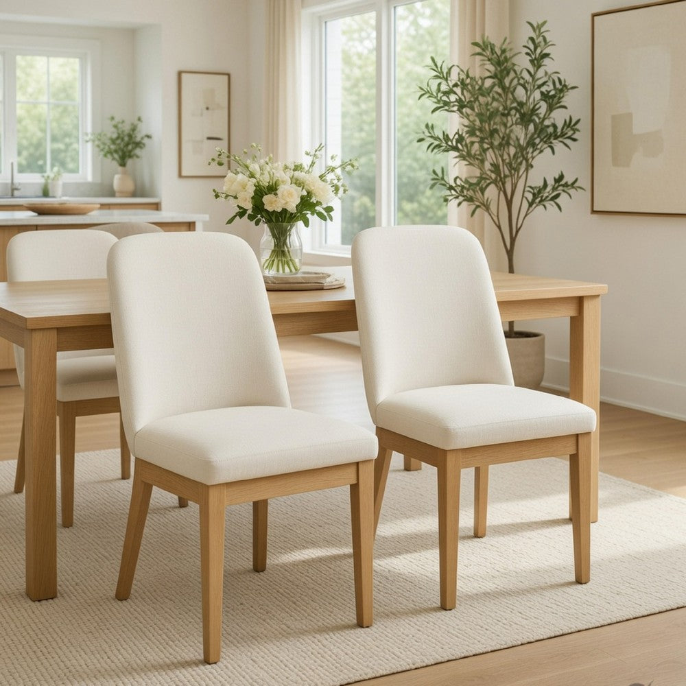 Abil Side Chair Set of 2 | Curved Back | Ivory Polyester | Natural Brown