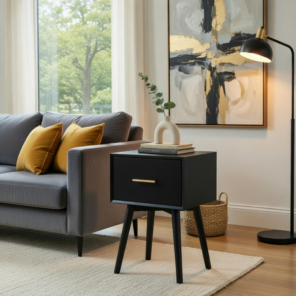 Ian Side End Table | Felt-Lined Drawer | Black Wood | 18" Rectangular