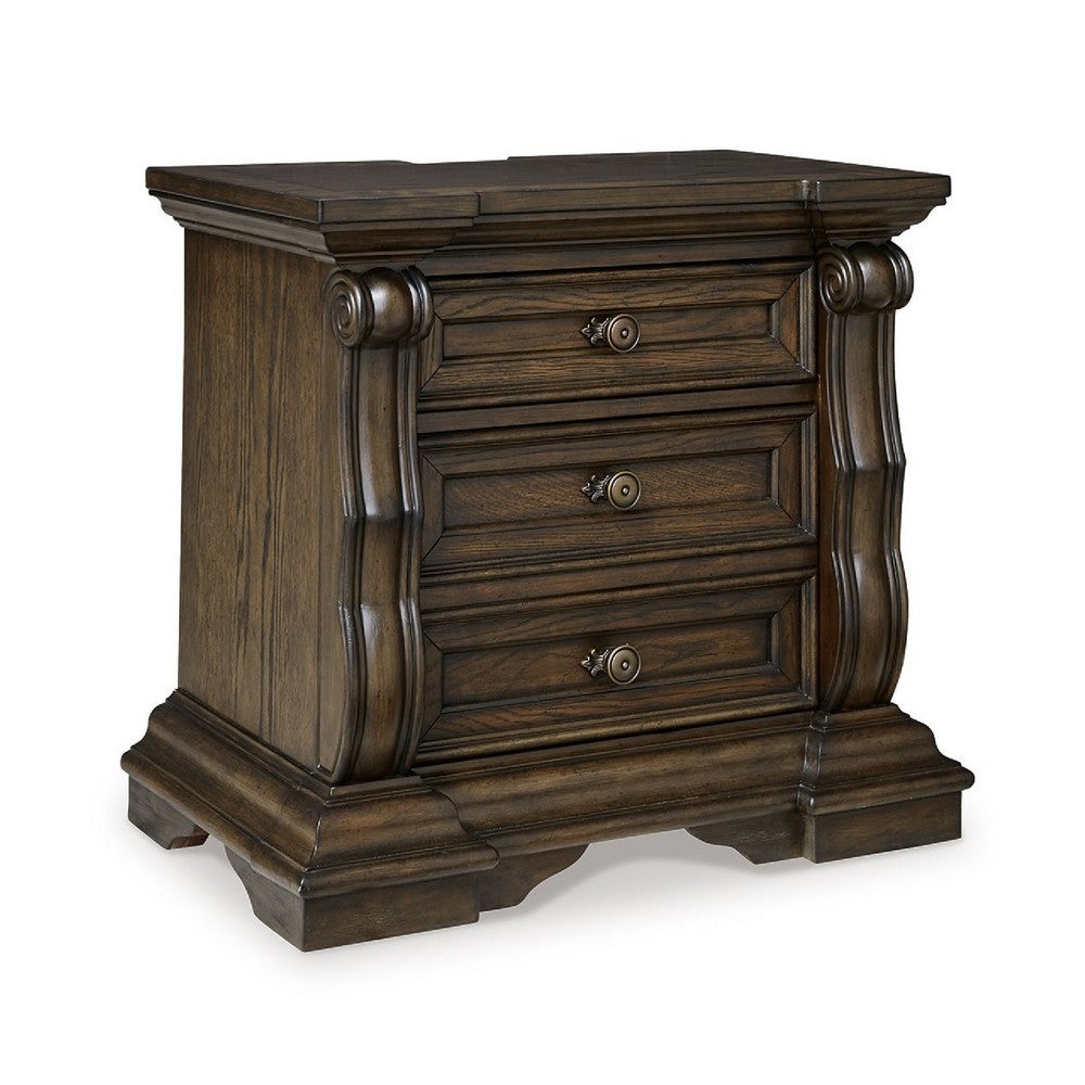 May 34" Oversize Nightstand | 2 Drawers | Antique Gold Knobs |  Dark Brown