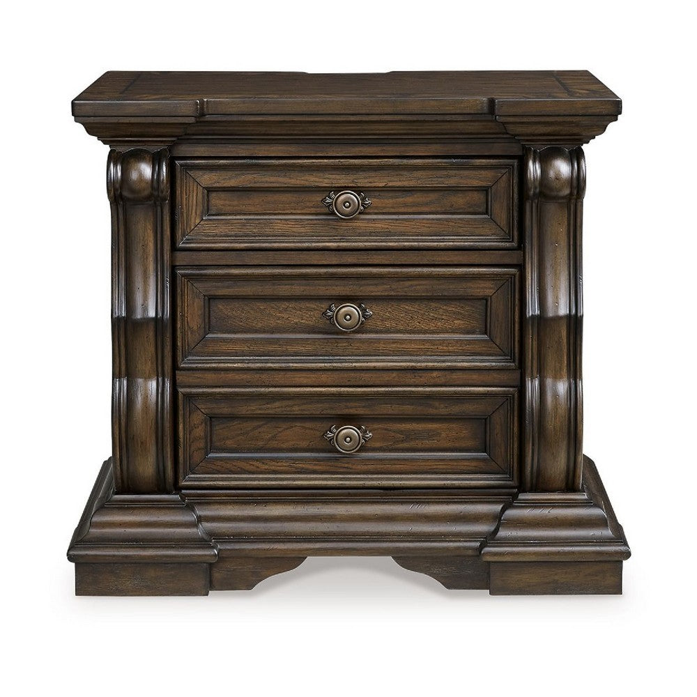 May 34" Oversize Nightstand | 2 Drawers | Antique Gold Knobs |  Dark Brown