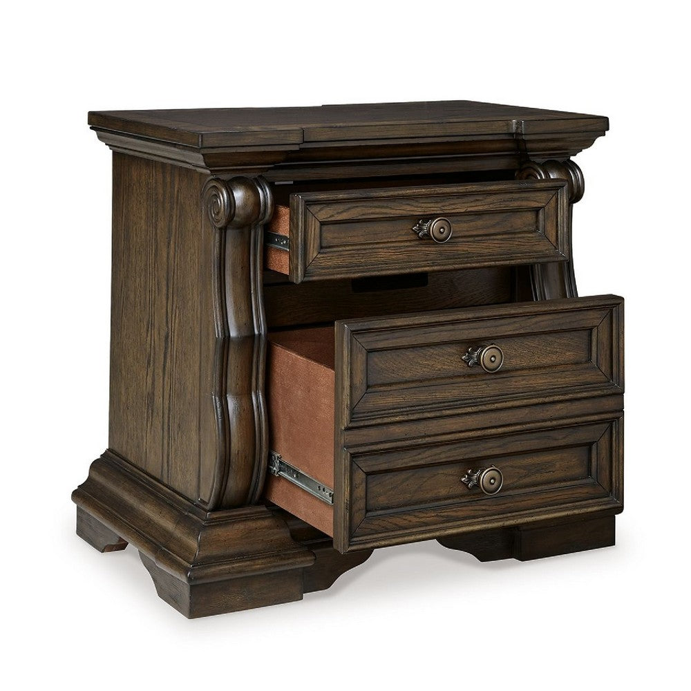 May 34" Oversize Nightstand | 2 Drawers | Antique Gold Knobs |  Dark Brown
