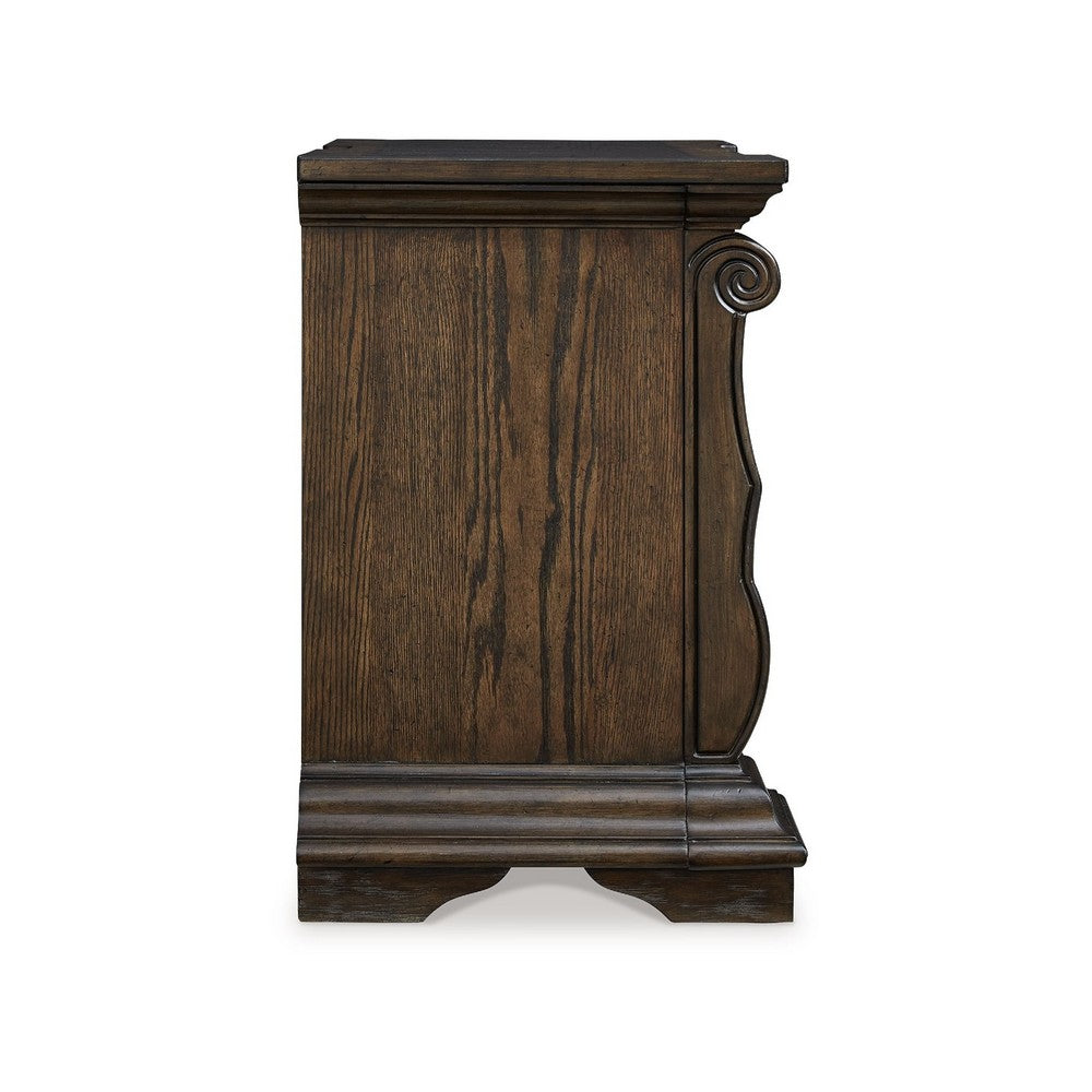 May 34" Oversize Nightstand | 2 Drawers | Antique Gold Knobs |  Dark Brown