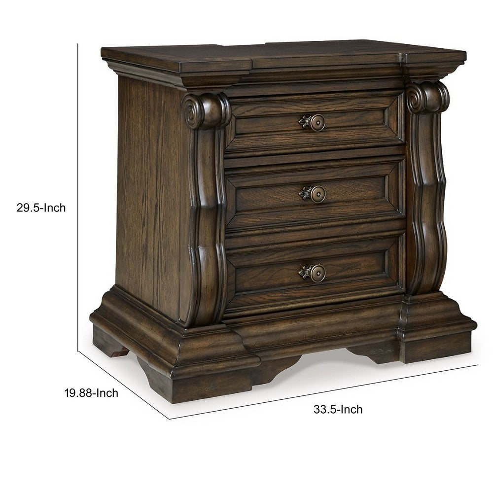 May 34" Oversize Nightstand | 2 Drawers | Antique Gold Knobs |  Dark Brown