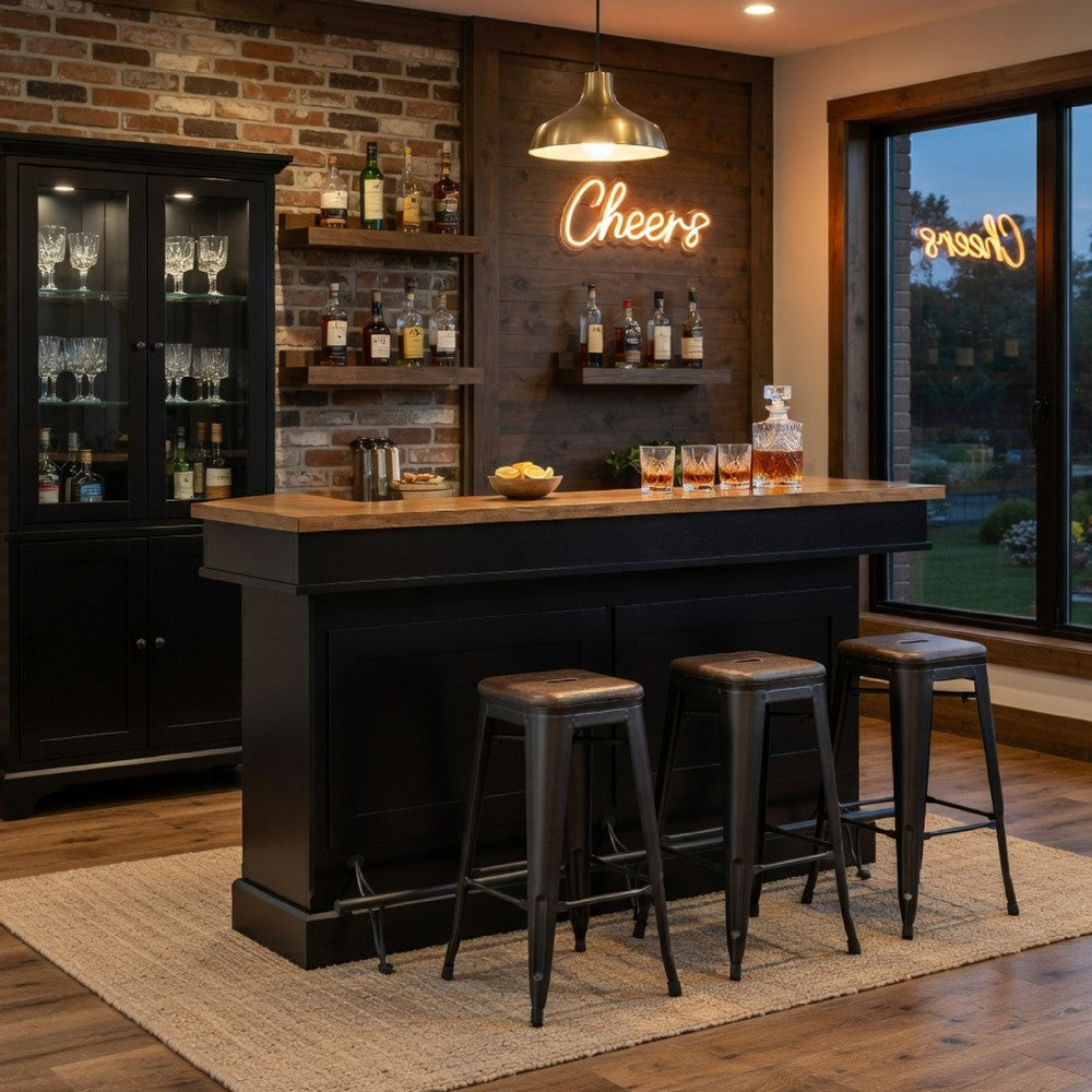 Fleur Home Bar Counter Table | 78" Butcher Block Top, Wine Storage | Brown