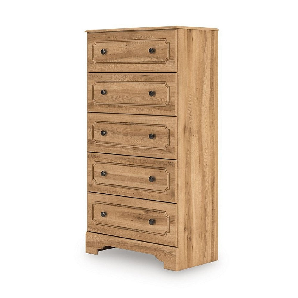 Alia Tall Dresser Chest | 5 Drawers | Nickel Knobs | Natural Oak Brown