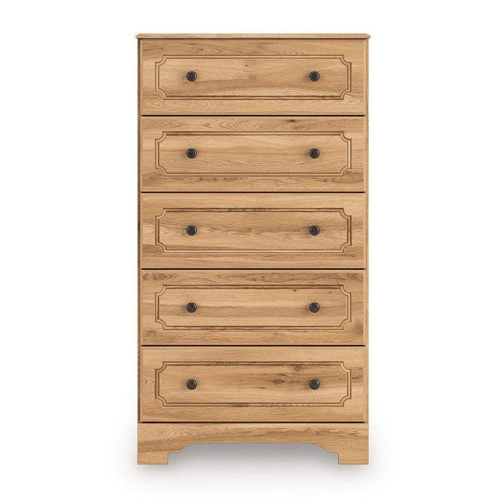 Alia Tall Dresser Chest | 5 Drawers | Nickel Knobs | Natural Oak Brown