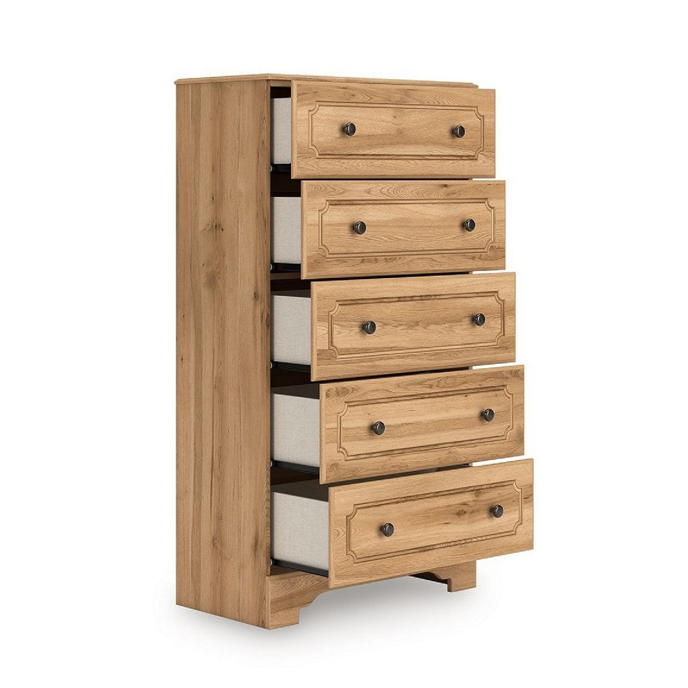 Alia Tall Dresser Chest | 5 Drawers | Nickel Knobs | Natural Oak Brown