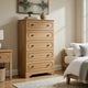 Alia Tall Dresser Chest | 5 Drawers | Nickel Knobs | Natural Oak Brown