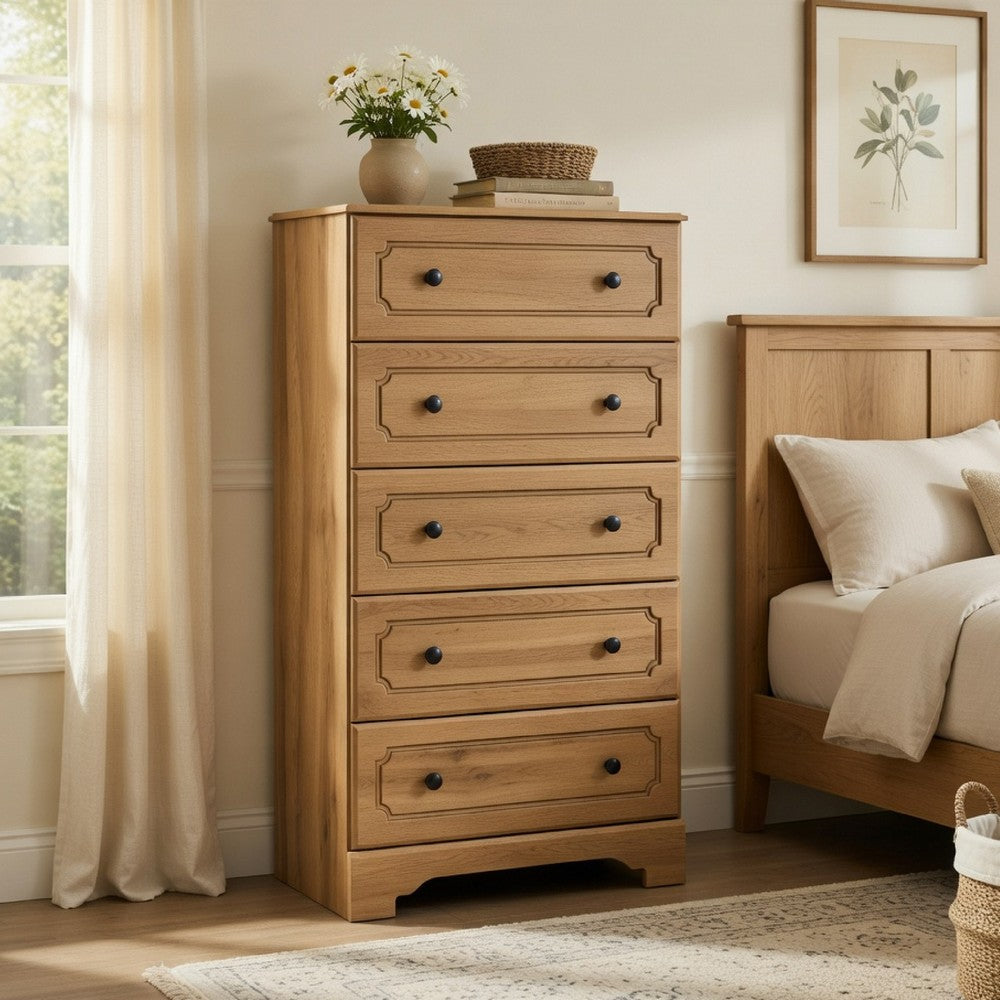 Alia Tall Dresser Chest | 5 Drawers | Nickel Knobs | Natural Oak Brown