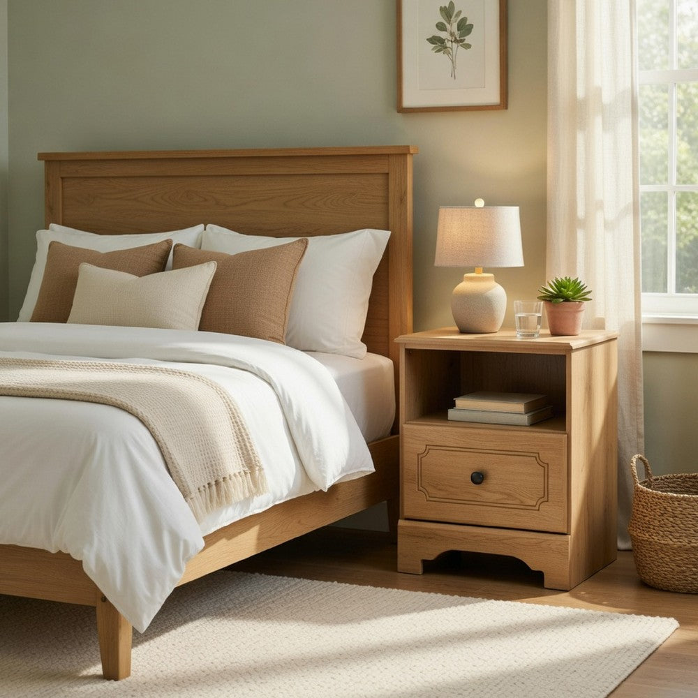 Alia Nighstand with 1 Drawer | USB Port | Open Cubby | Natural Oak Brown
