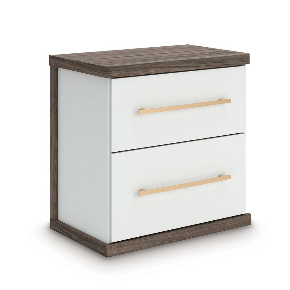 Keny Nightstand | 2 Drawers with Gold Handles | Matte White | Dark Brown