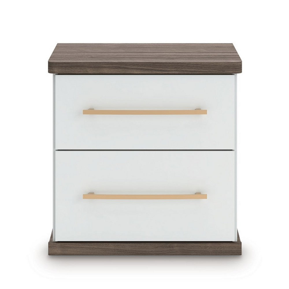 Keny Nightstand | 2 Drawers with Gold Handles | Matte White | Dark Brown