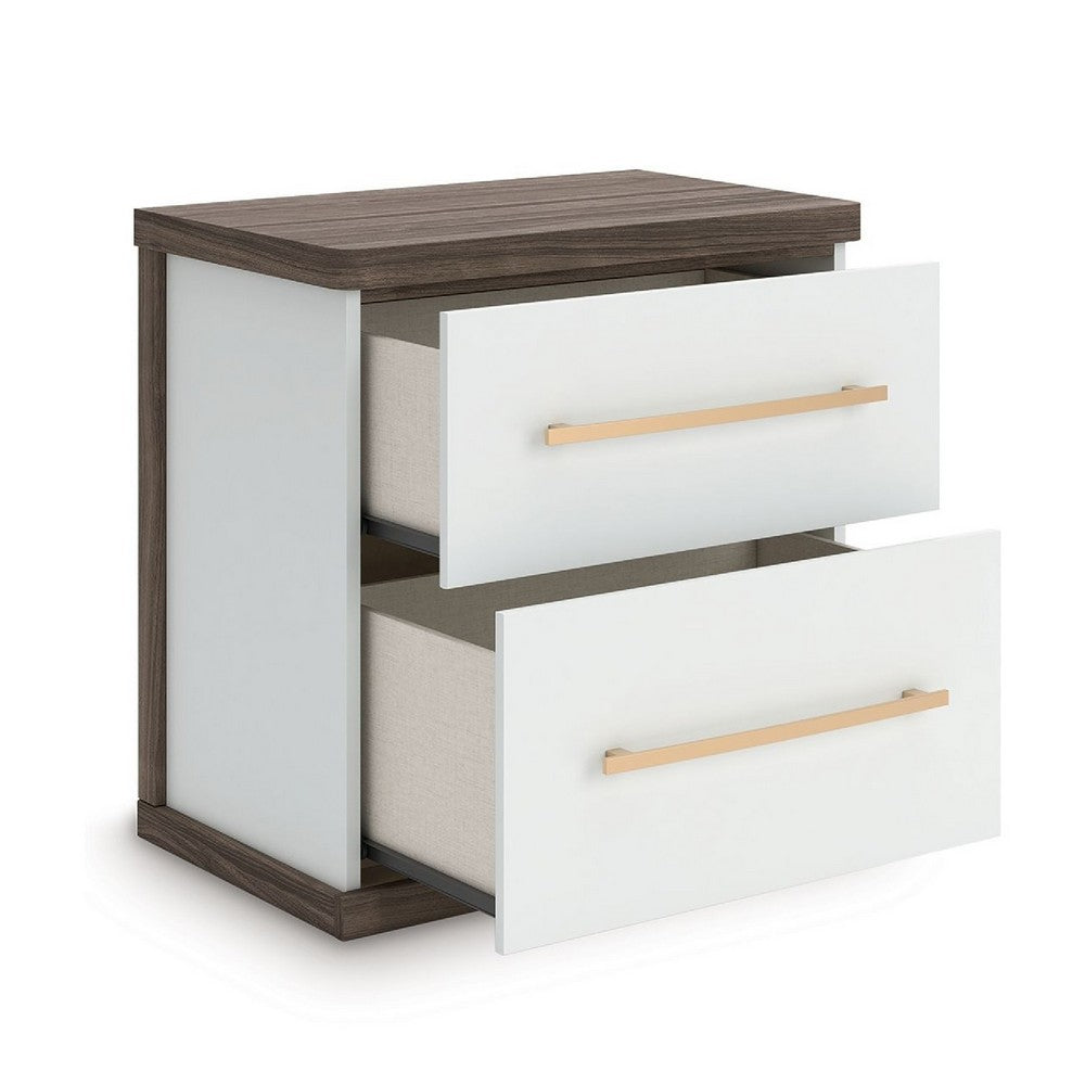 Keny Nightstand | 2 Drawers with Gold Handles | Matte White | Dark Brown