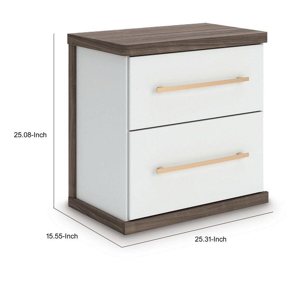 Keny Nightstand | 2 Drawers with Gold Handles | Matte White | Dark Brown