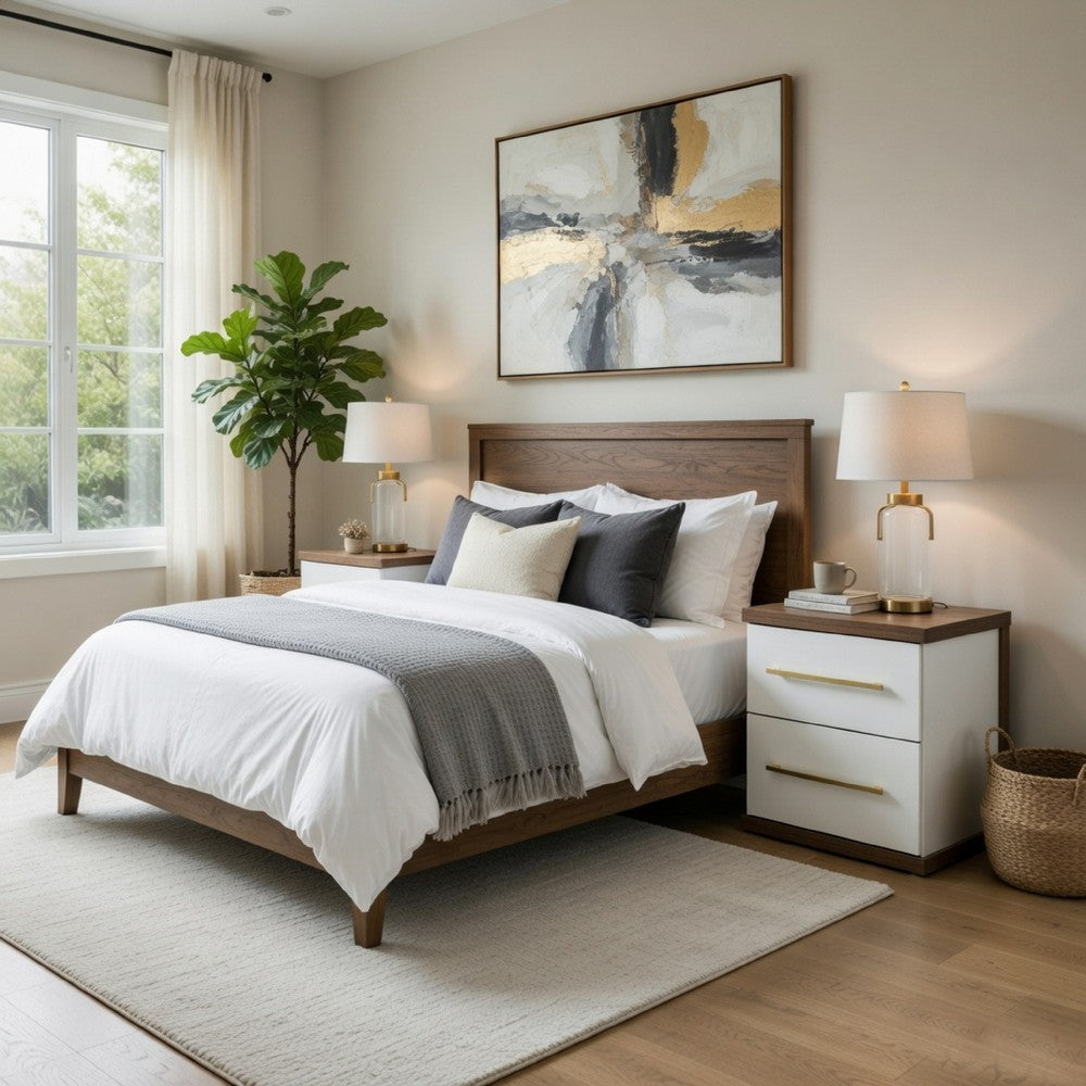Keny Nightstand | 2 Drawers with Gold Handles | Matte White | Dark Brown