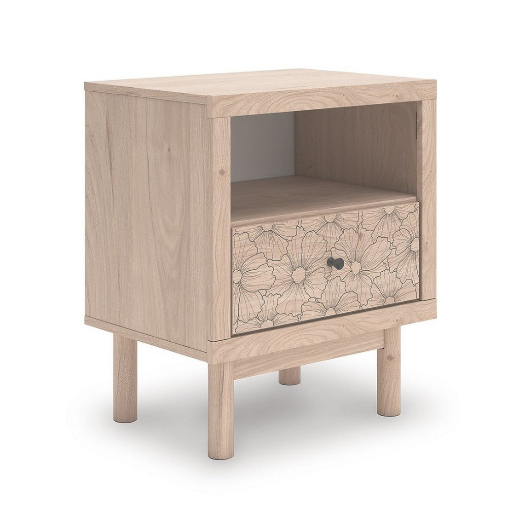 Rox Nighstand | 1 Floral Pattern Drawer Front and USB Port | Oak Brown
