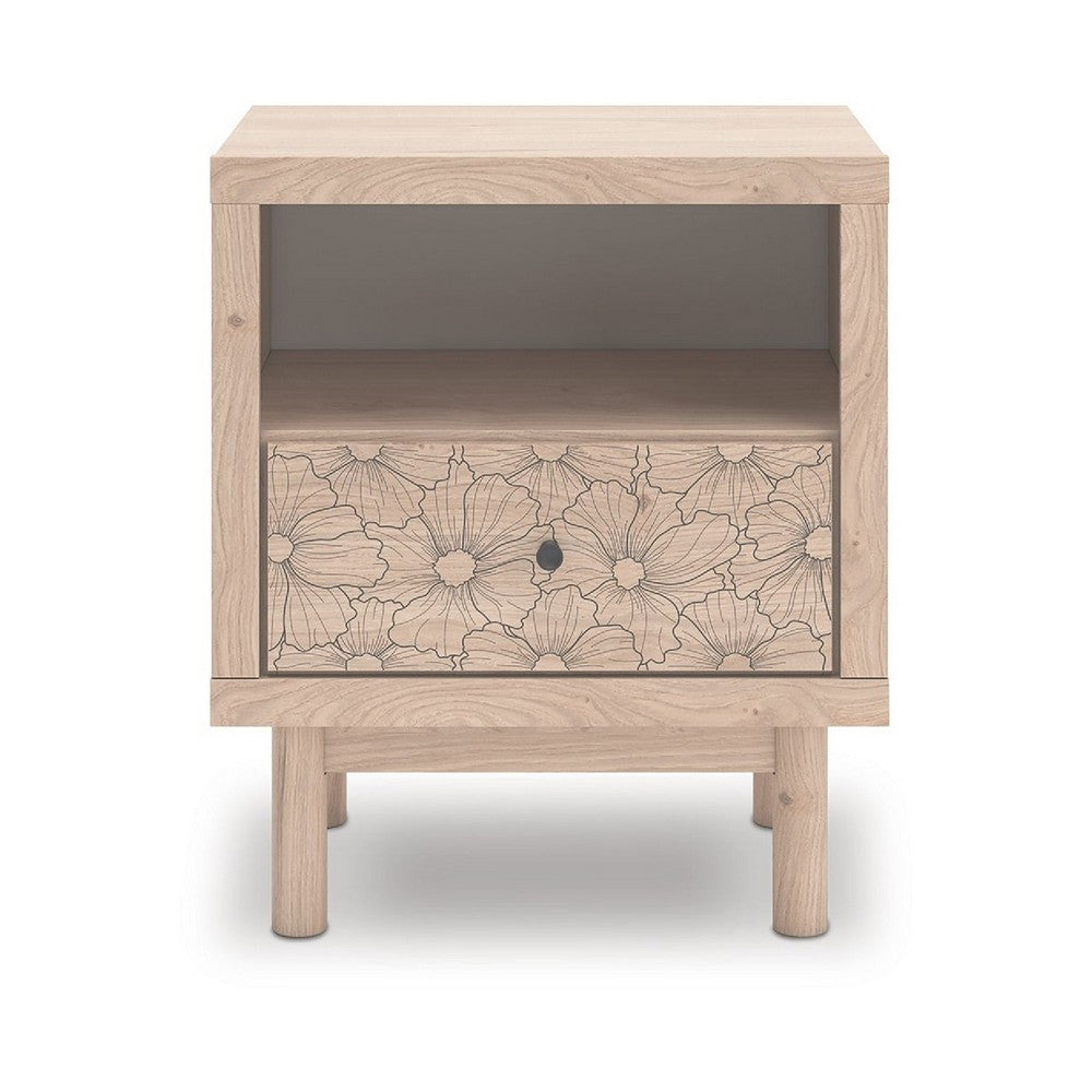 Rox Nighstand | 1 Floral Pattern Drawer Front and USB Port | Oak Brown