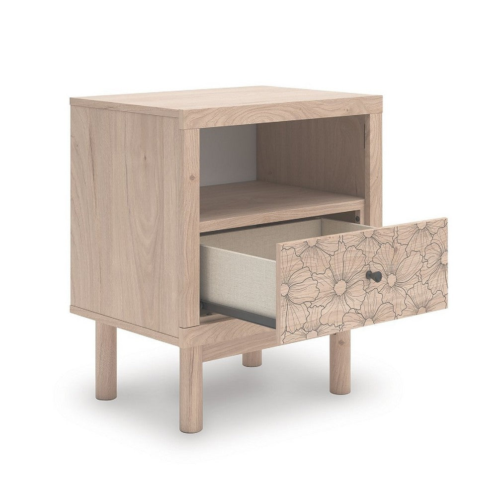 Rox Nighstand | 1 Floral Pattern Drawer Front and USB Port | Oak Brown