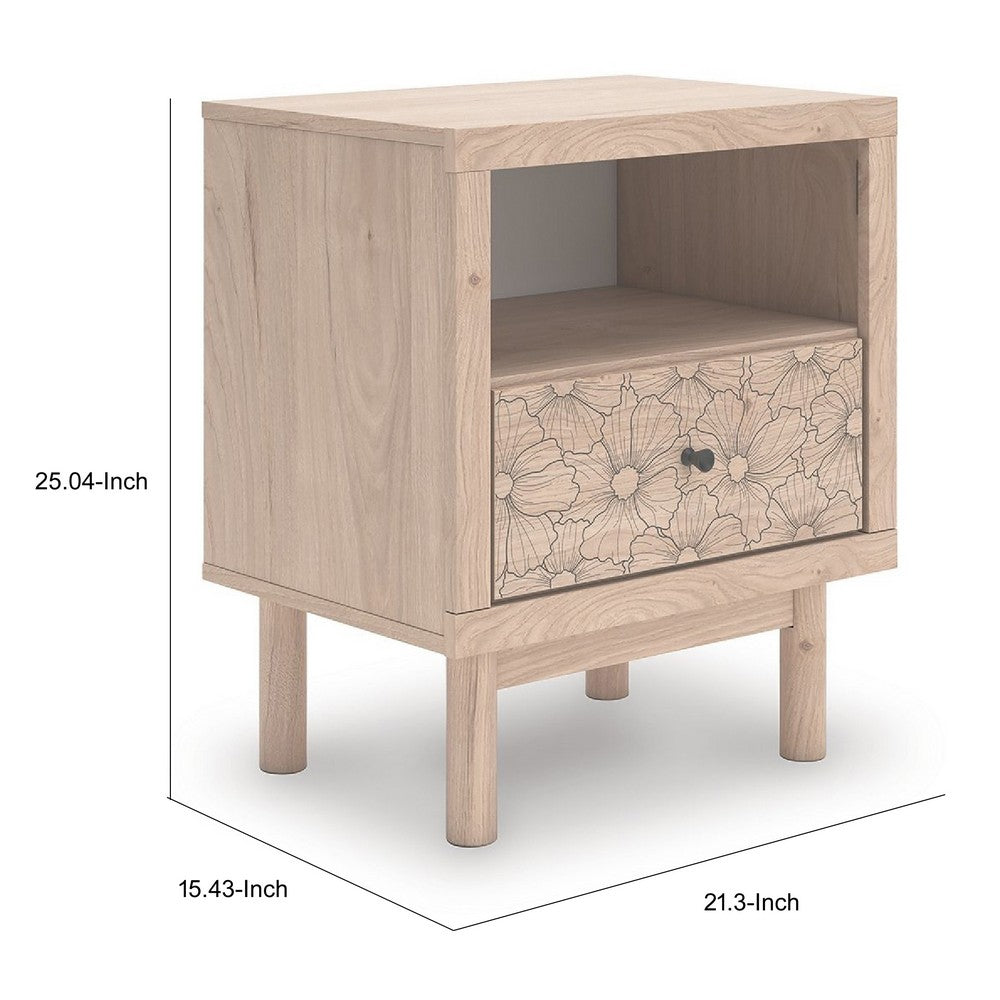 Rox Nighstand | 1 Floral Pattern Drawer Front and USB Port | Oak Brown