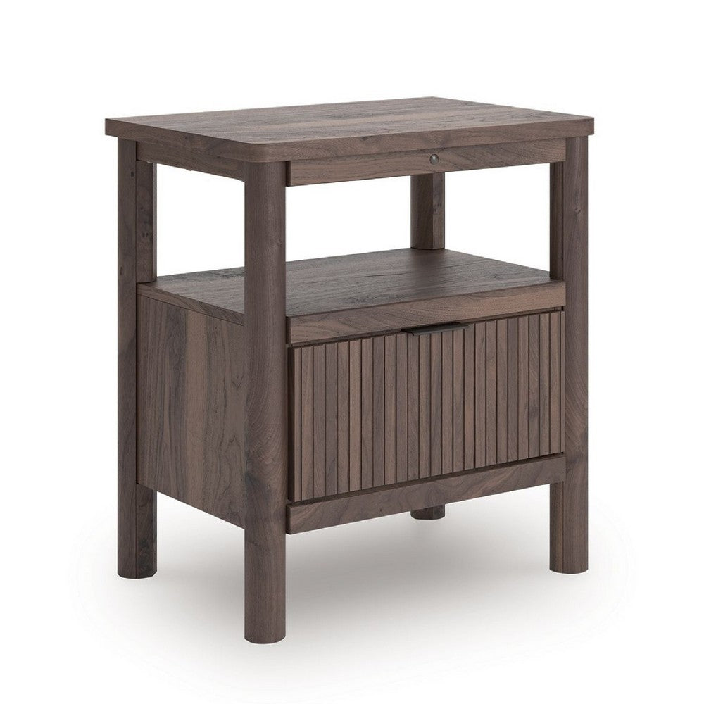 Pemy Nightstand | 1 Reeded Drawer | Open Shelf | USB Ports | Brown