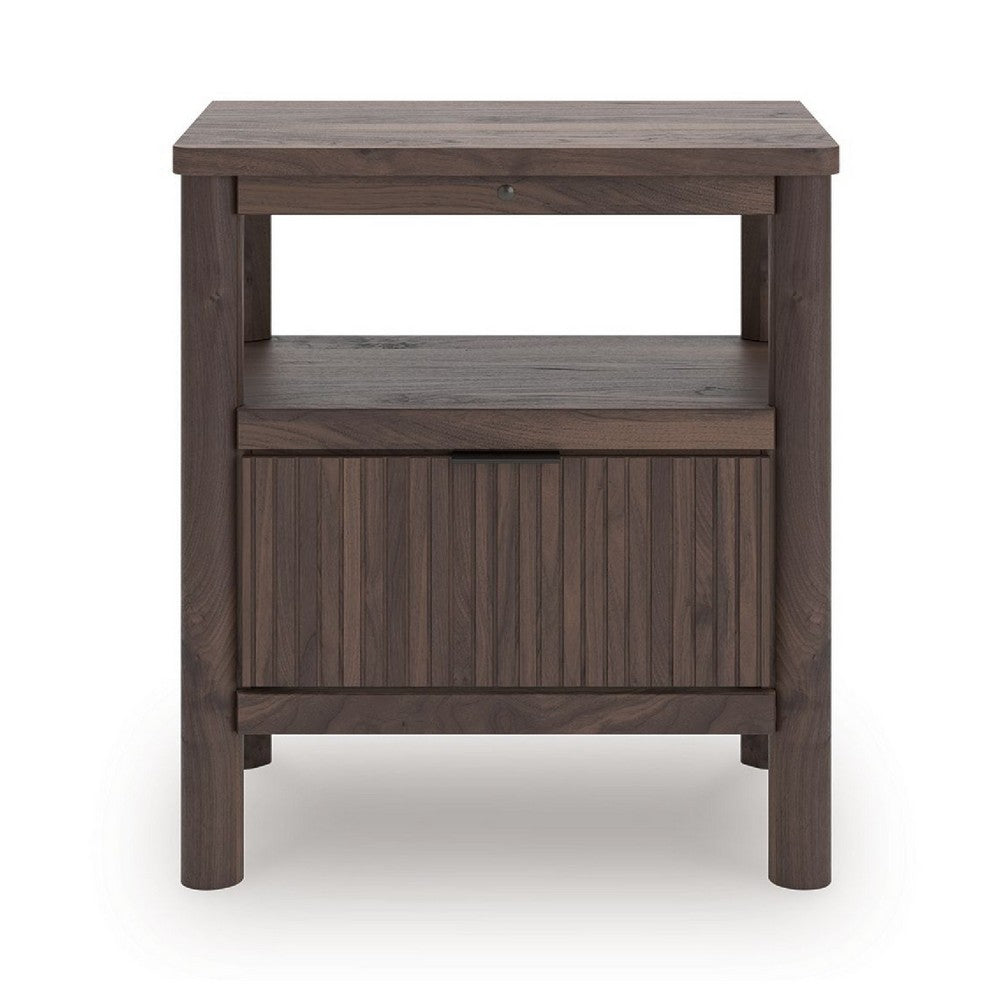 Pemy Nightstand | 1 Reeded Drawer | Open Shelf | USB Ports | Brown