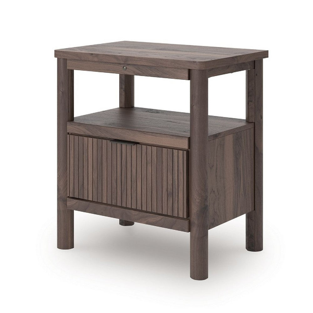 Pemy Nightstand | 1 Reeded Drawer | Open Shelf | USB Ports | Brown
