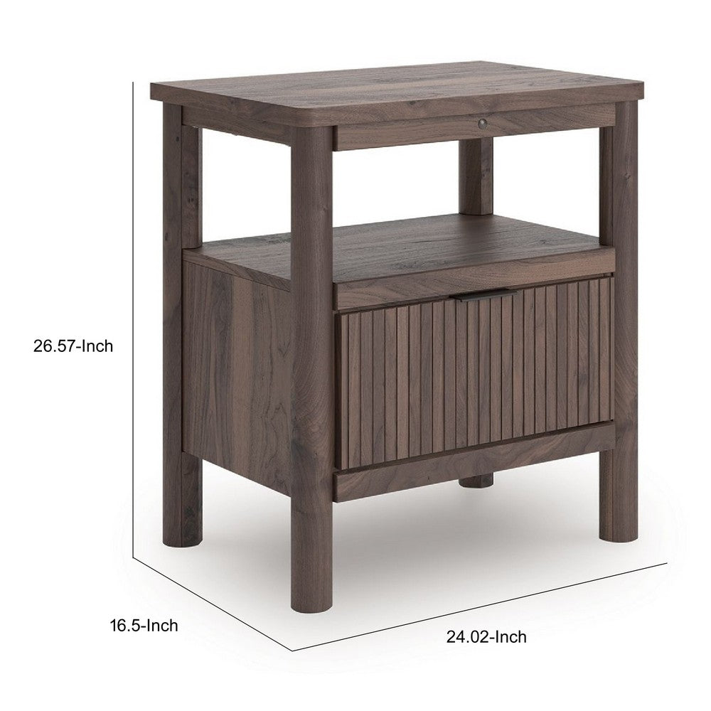 Pemy Nightstand | 1 Reeded Drawer | Open Shelf | USB Ports | Brown