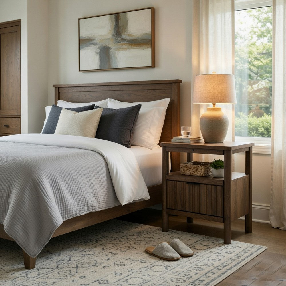 Pemy Nightstand | 1 Reeded Drawer | Open Shelf | USB Ports | Brown