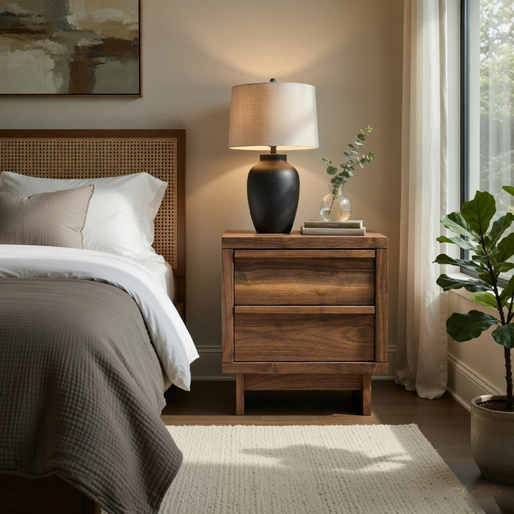 Lina Nightstand | 2 Drawers with Finger Tab Pulls | USB Ports | Brown