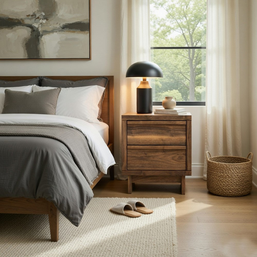 Lina Nightstand | 2 Drawers with Finger Tab Pulls | USB Ports | Brown