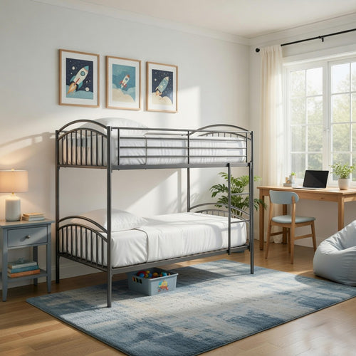 Fesa Twin over Twin Bunk Bed with Ladder | Gray Tubular Steel Frame