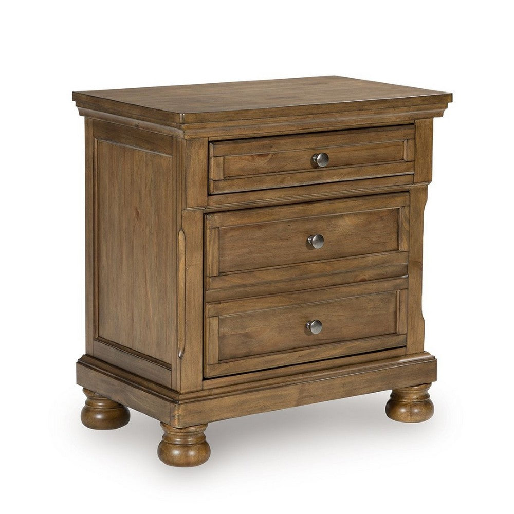 Fedz Oversized Nighstand with 3 Drawers | Bun Feet | Chestnut Brown Wood