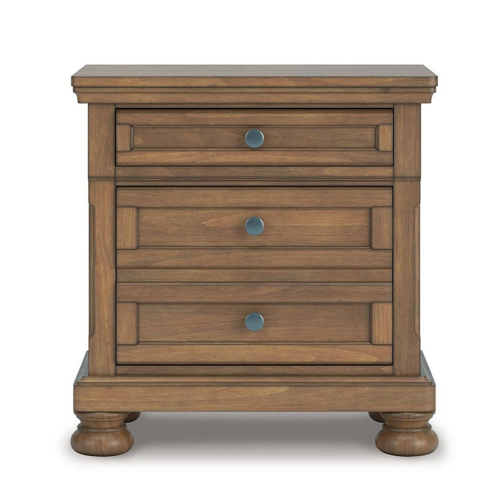 Fedz Oversized Nighstand with 3 Drawers | Bun Feet | Chestnut Brown Wood