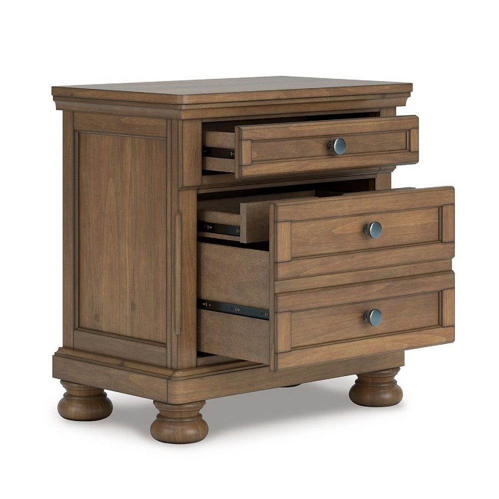 Fedz Oversized Nighstand with 3 Drawers | Bun Feet | Chestnut Brown Wood