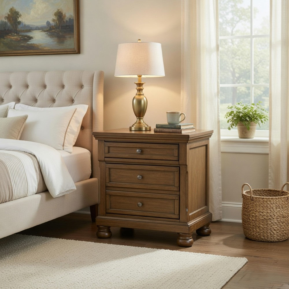 Fedz Oversized Nighstand with 3 Drawers | Bun Feet | Chestnut Brown Wood