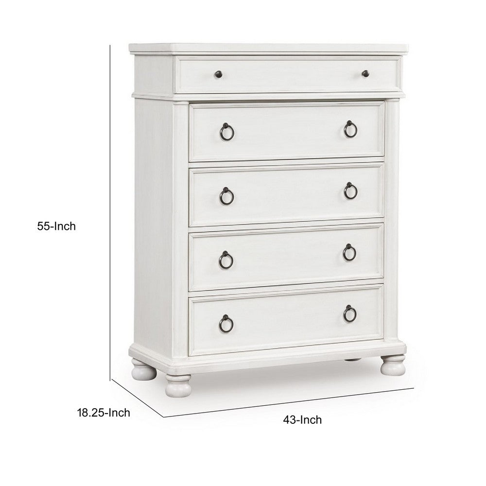 Rowy Tall Dresser Chest | 5 Drawers with Pewter Knobs | Antique White
