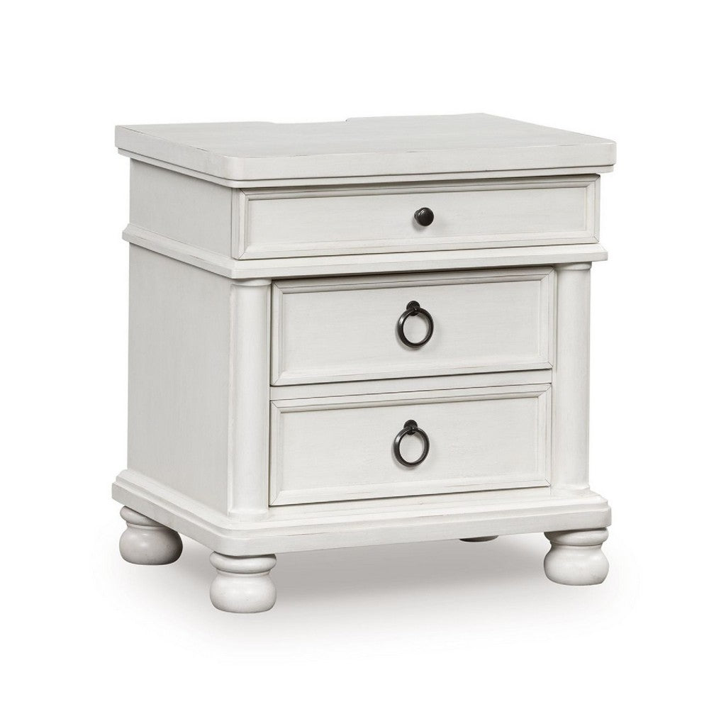 Rowy Bedside Nightstand | 3 Drawers with Pewter Knobs | Antique White